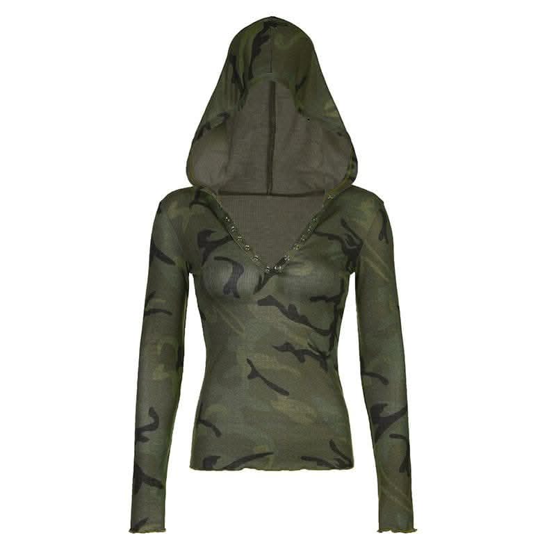 Camouflage contrast hoodie button long sleeve top-final-sale  | Festival Outfits Women