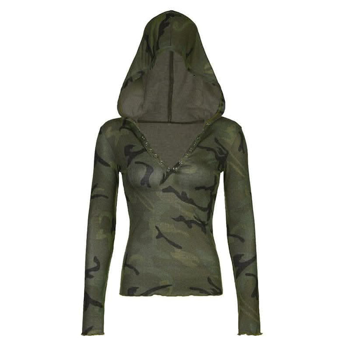 Camouflage contrast hoodie button long sleeve top-final-sale  | Festival Outfits Women