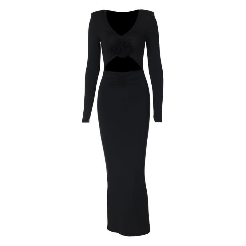 Long sleeve padded ruched flower applique hollow out cut out midi dress-final-sale  | Festival Outfits Women