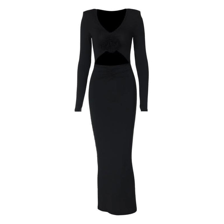 Long sleeve padded ruched flower applique hollow out cut out midi dress-final-sale  | Festival Outfits Women