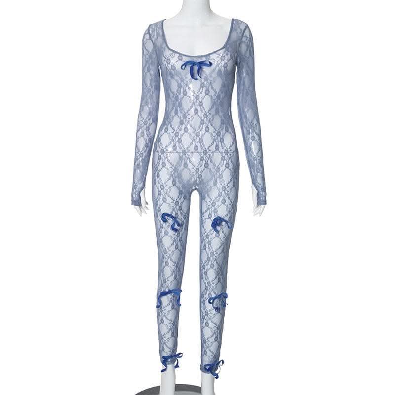 Long sleeve see through bowknot lace jumpsuit-final-sale  | Festival Outfits Women