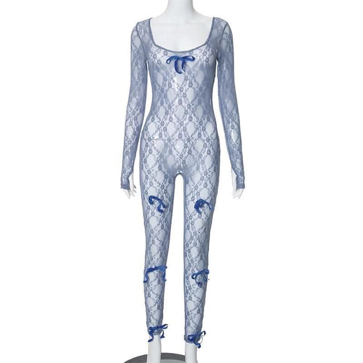 Long sleeve see through bowknot lace jumpsuit-final-sale  | Festival Outfits Women