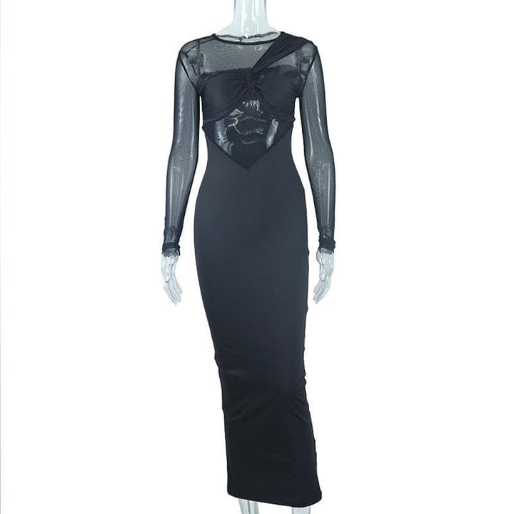 Long sleeve irregular patchwork crewneck mesh midi dress  | Festival Outfits Women