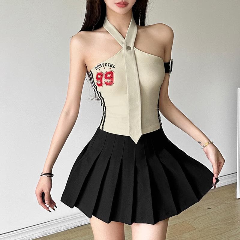 Halter button “99” pattern contrast backless crop top  | Festival Outfits Women