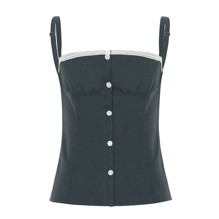 Square neck lace hem button ruched backless top  | Festival Outfits Women