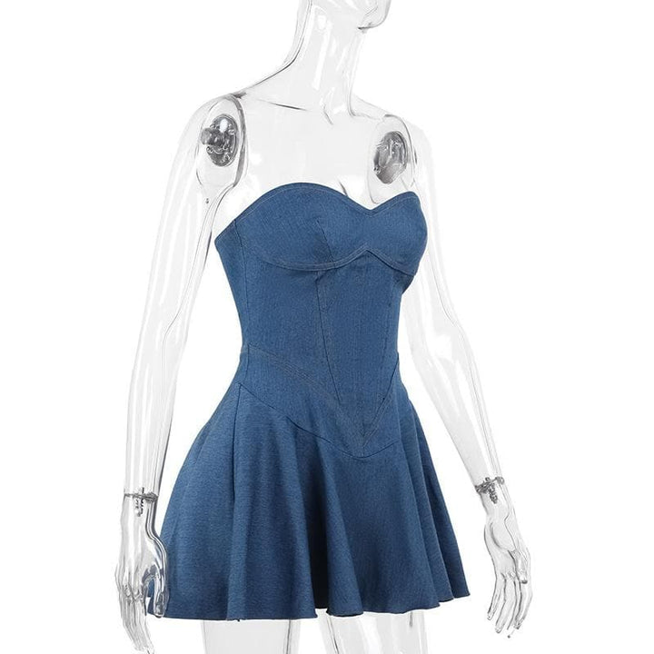 Denim sweetheart neck stitch ruched tube mini dress  | Festival Outfits Women