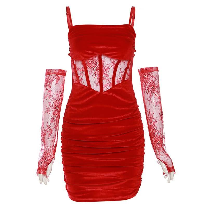 Velvet ruched lace gloves cami mini dress  | Festival Outfits Women