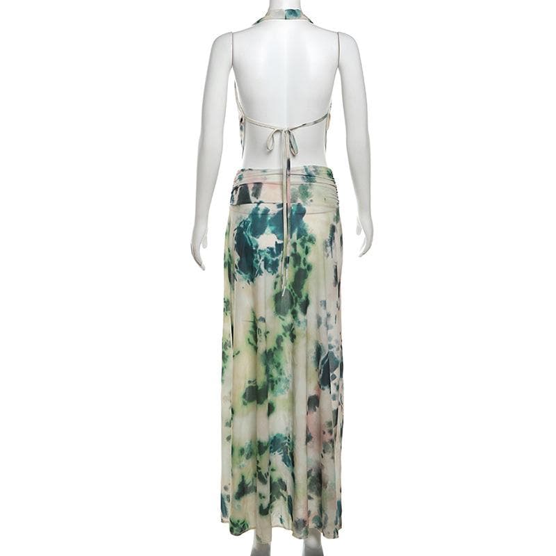 Halter cowl neck print ruched backless maxi skirt set-final-sale