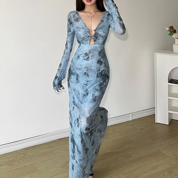 Long sleeve sheer mesh v neck print maxi dress  | Festival Outfits Women