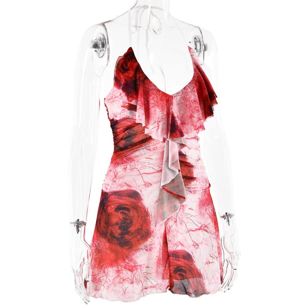 Halter ruffle rose print ruched backless cami mini dress  | Festival Outfits Women