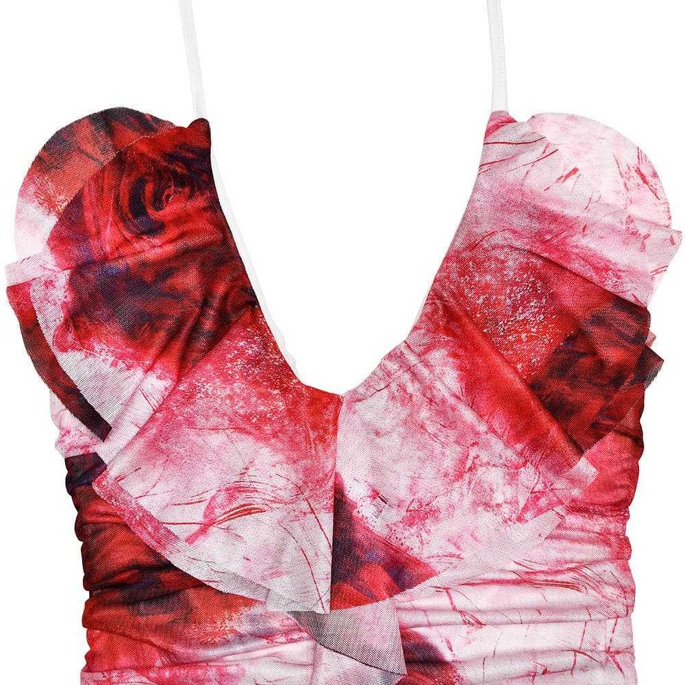 Halter ruffle rose print ruched backless cami mini dress  | Festival Outfits Women