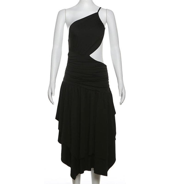 One shoulder hollow out ruched ruffle cut out midi dress-final-sale  | Festival Outfits Women