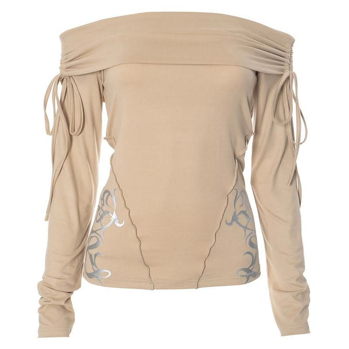 Long sleeve off shoulder ruched self tie stitch top  | Festival Outfits Women