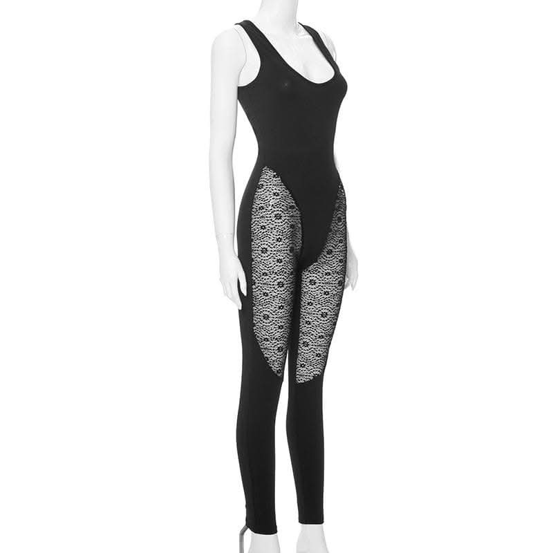 U neck sleeveless lace patchwork solid jumpsuit-final-sale  | Festival Outfits Women