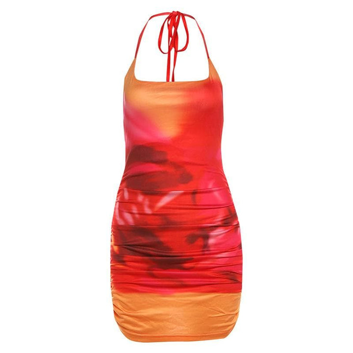 U neck halter tie dye ruched backless mini dress  | Festival Outfits Women