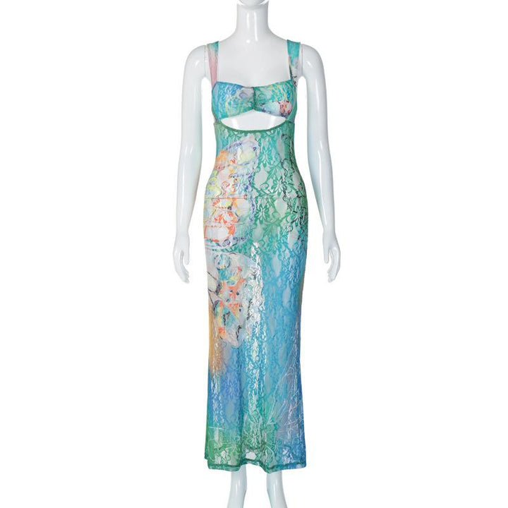 Hollow out butterfly pattern lace tie dye cut out maxi dress  | Festival Outfits Women