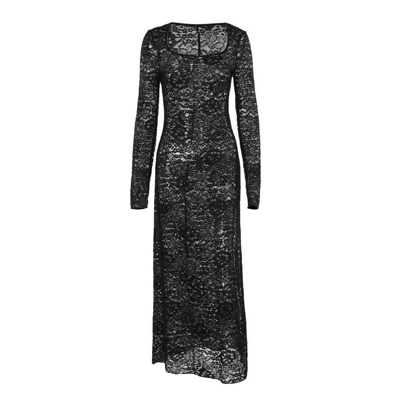 Long sleeve u neck lace slit maxi dress  | Festival Outfits Women