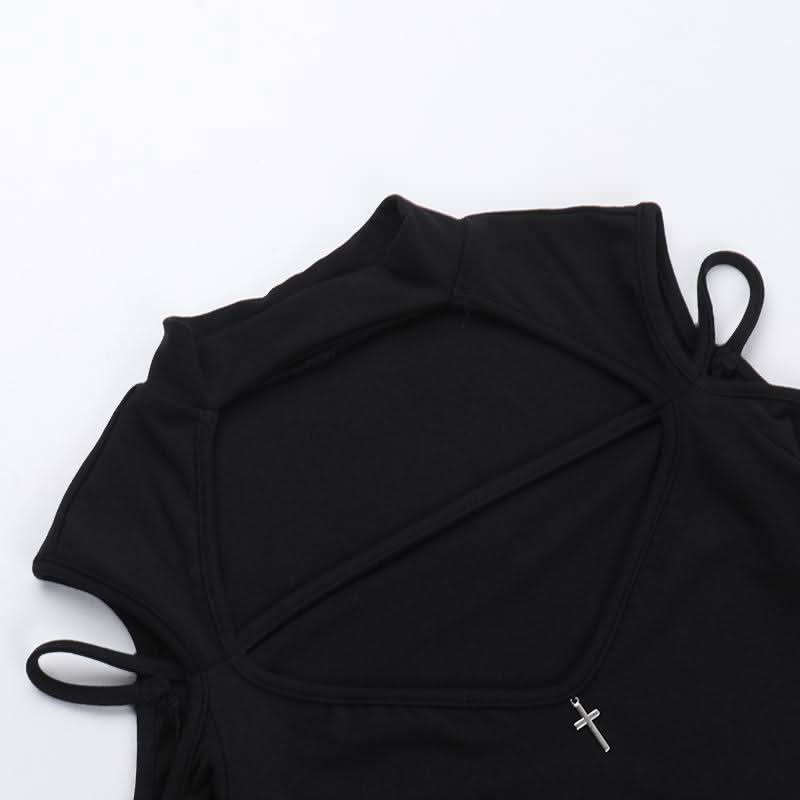 High neck long sleeve hollow out cross metal cut out top  | Festival Outfits Women