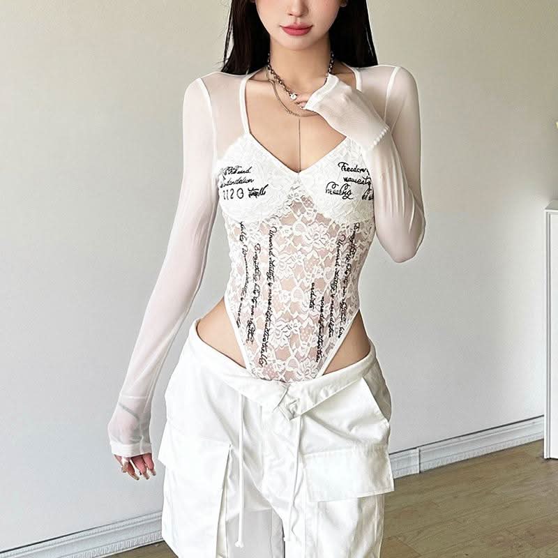 Long sleeve lace v neck letter print button bodysuit  | Festival Outfits Women-final-sale