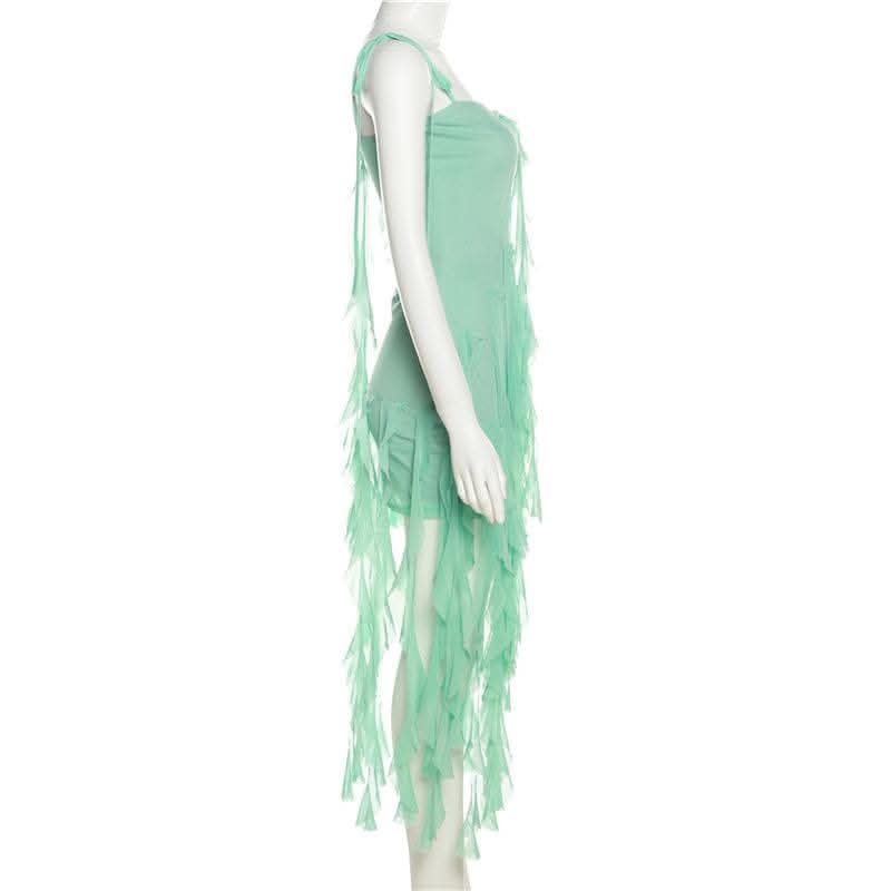 Ruffle solid self tie mesh flower applique ribbon midi dress-final-sale  | Festival Outfits Women