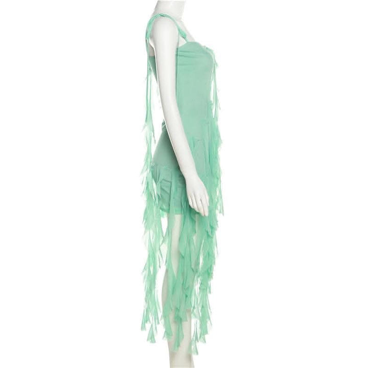 Ruffle solid self tie mesh flower applique ribbon midi dress-final-sale  | Festival Outfits Women