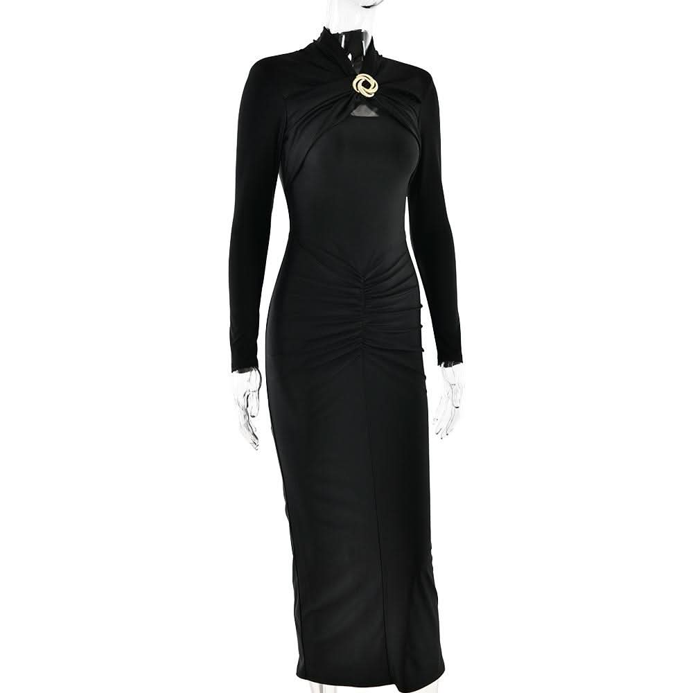 Hollow out long sleeve ruched slit solid cut out midi dress  | Festival Outfits Women