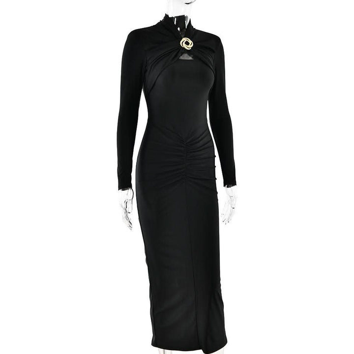 Hollow out long sleeve ruched slit solid cut out midi dress  | Festival Outfits Women
