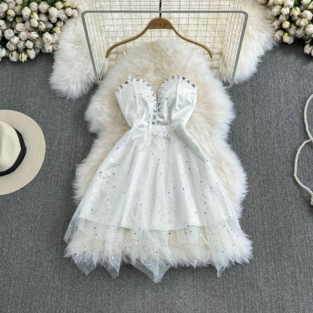 Sweetheart neck beaded glitter mesh mini dress  | Festival Outfits Women