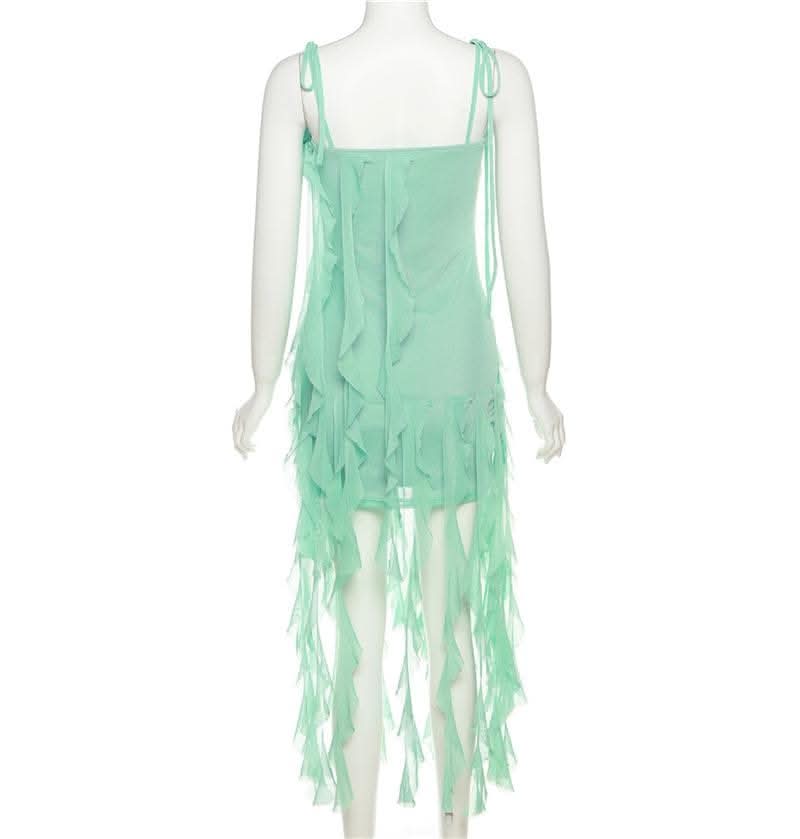 Ruffle solid self tie mesh flower applique ribbon midi dress-final-sale  | Festival Outfits Women