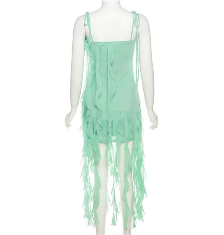 Ruffle solid self tie mesh flower applique ribbon midi dress-final-sale  | Festival Outfits Women
