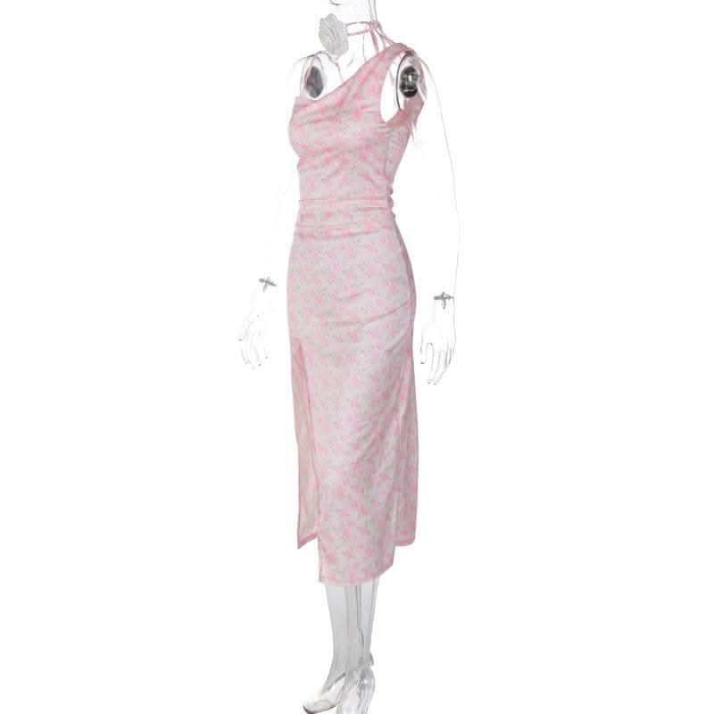 Contrast irregular slit sleeveless flower print cowl neck midi dress-final-sale  | Festival Outfits Women