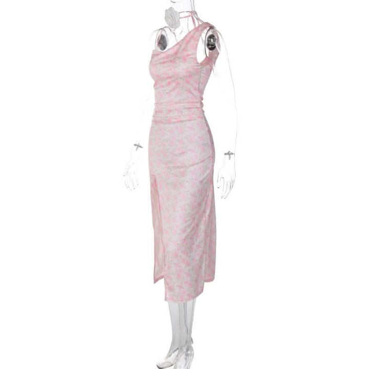 Contrast irregular slit sleeveless flower print cowl neck midi dress-final-sale  | Festival Outfits Women