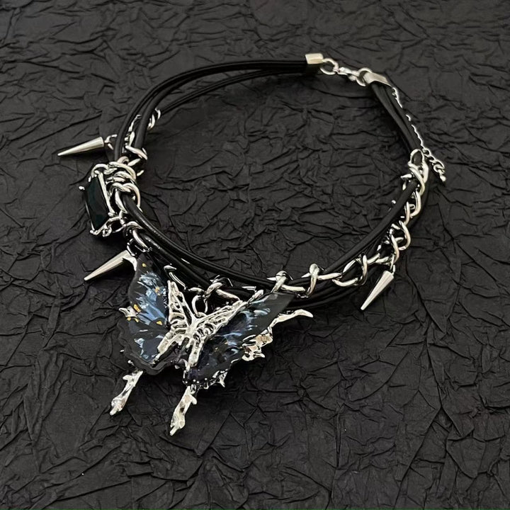 Black butterfly pendant rivet choker necklace  | Festival Outfits Women
