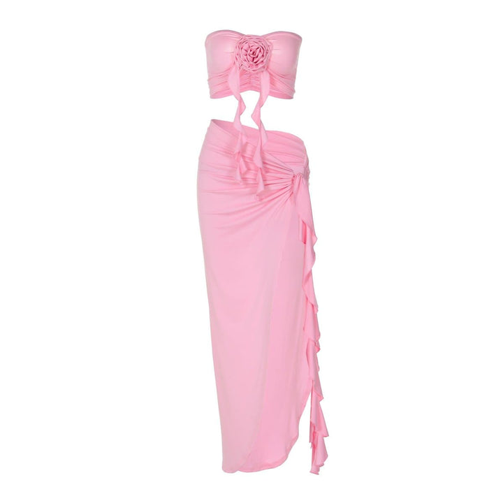 Flower applique ruffle high slit ruched tube skirt set  | Festival Outfits Women