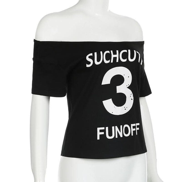 Short sleeve letter print off shoulder contrast top-final-sale  | Festival Outfits Women