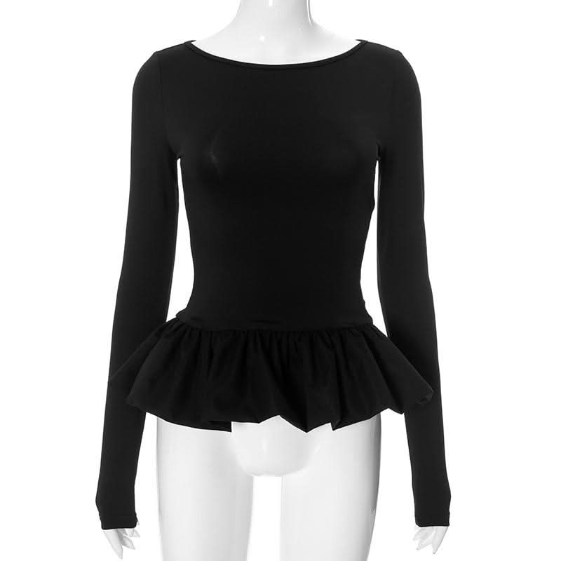 Ruched long sleeve round neck hollow out ruffle cut out top  | Festival Outfits Women