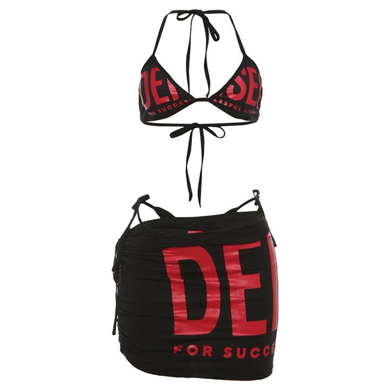 Letter print halter self tie ruched drawstring mini skirt set  | Festival Outfits Women-final-sale