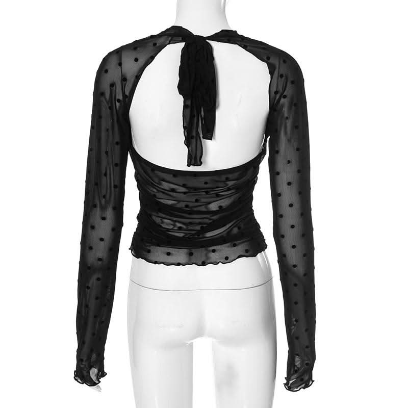 Long sleeve mesh polka dot ruffle solid top  | Festival Outfits Women