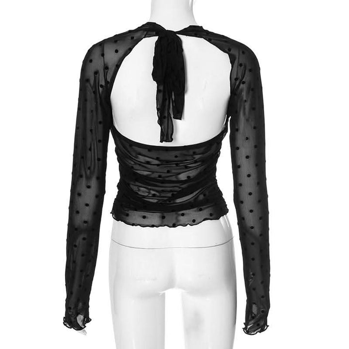 Long sleeve mesh polka dot ruffle solid top  | Festival Outfits Women