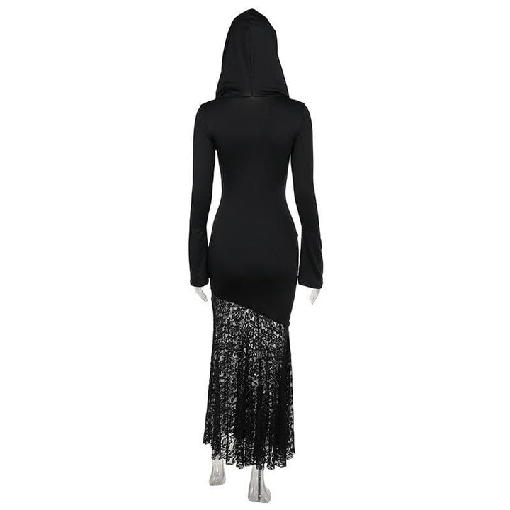 Long sleeve hoodie lace hem cross pattern maxi dress  | Festival Outfits Women