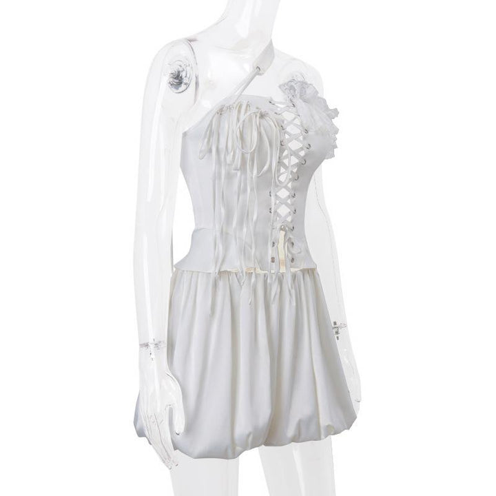 One off shoulder irregular lace up satin ruffle puff skirt set Cargo Mini Skirt  | Festival Outfits Women