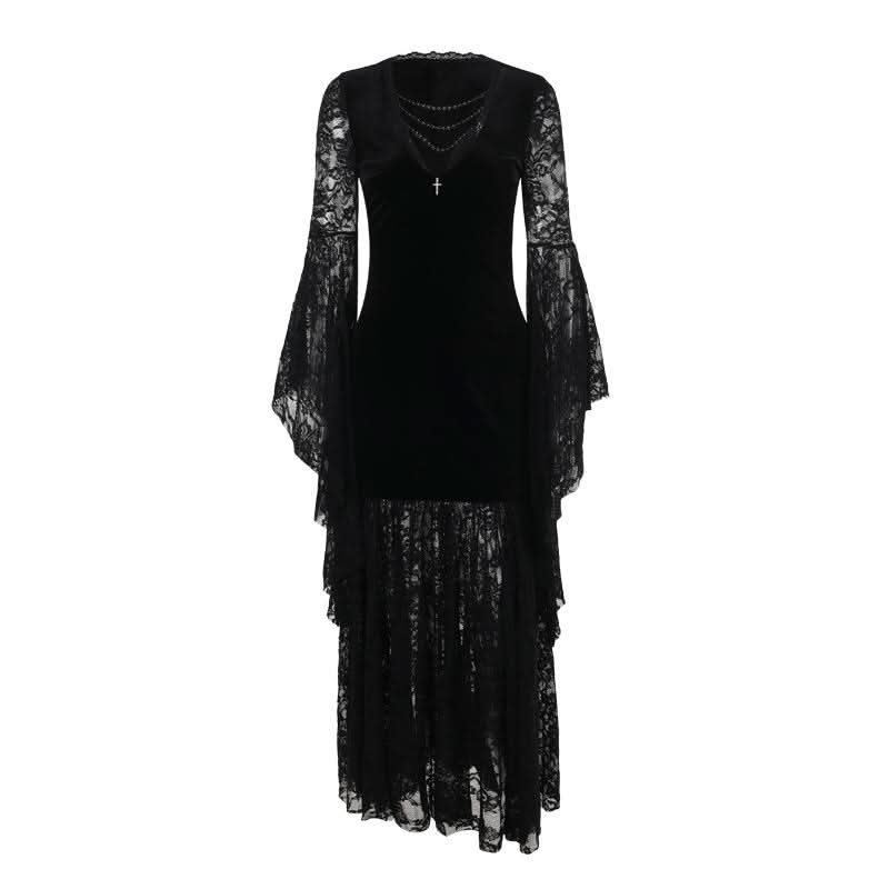 Long flared sleeve lace velvet beaded maxi dress  | Festival Outfits Women