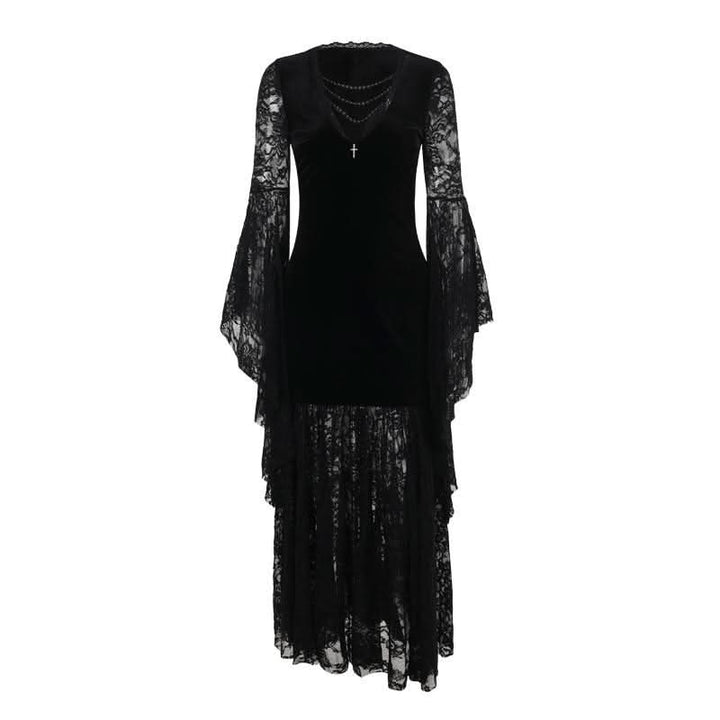 Long flared sleeve lace velvet beaded maxi dress  | Festival Outfits Women