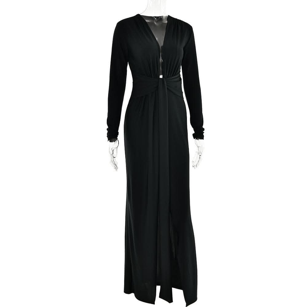 Long sleeve v neck ruched slit solid irregular maxi dress-final-sale  | Festival Outfits Women