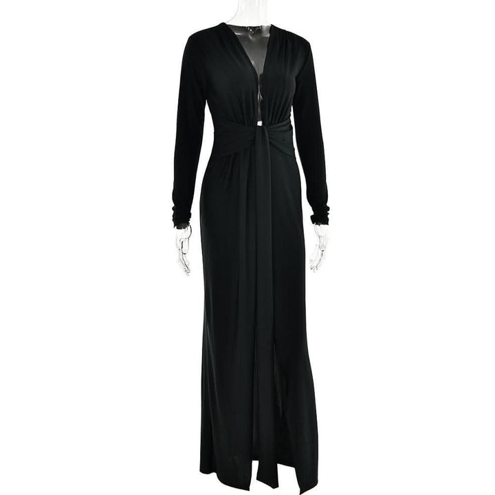Long sleeve v neck ruched slit solid irregular maxi dress-final-sale  | Festival Outfits Women