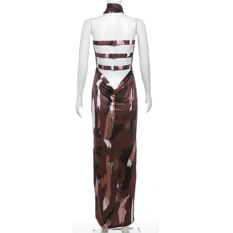 Print ruched backless hollow out tube cut out maxi dress-final-sale  | Festival Outfits Women