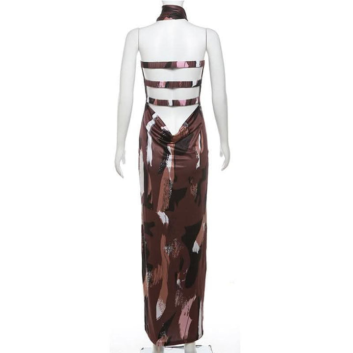 Print ruched backless hollow out tube cut out maxi dress-final-sale  | Festival Outfits Women
