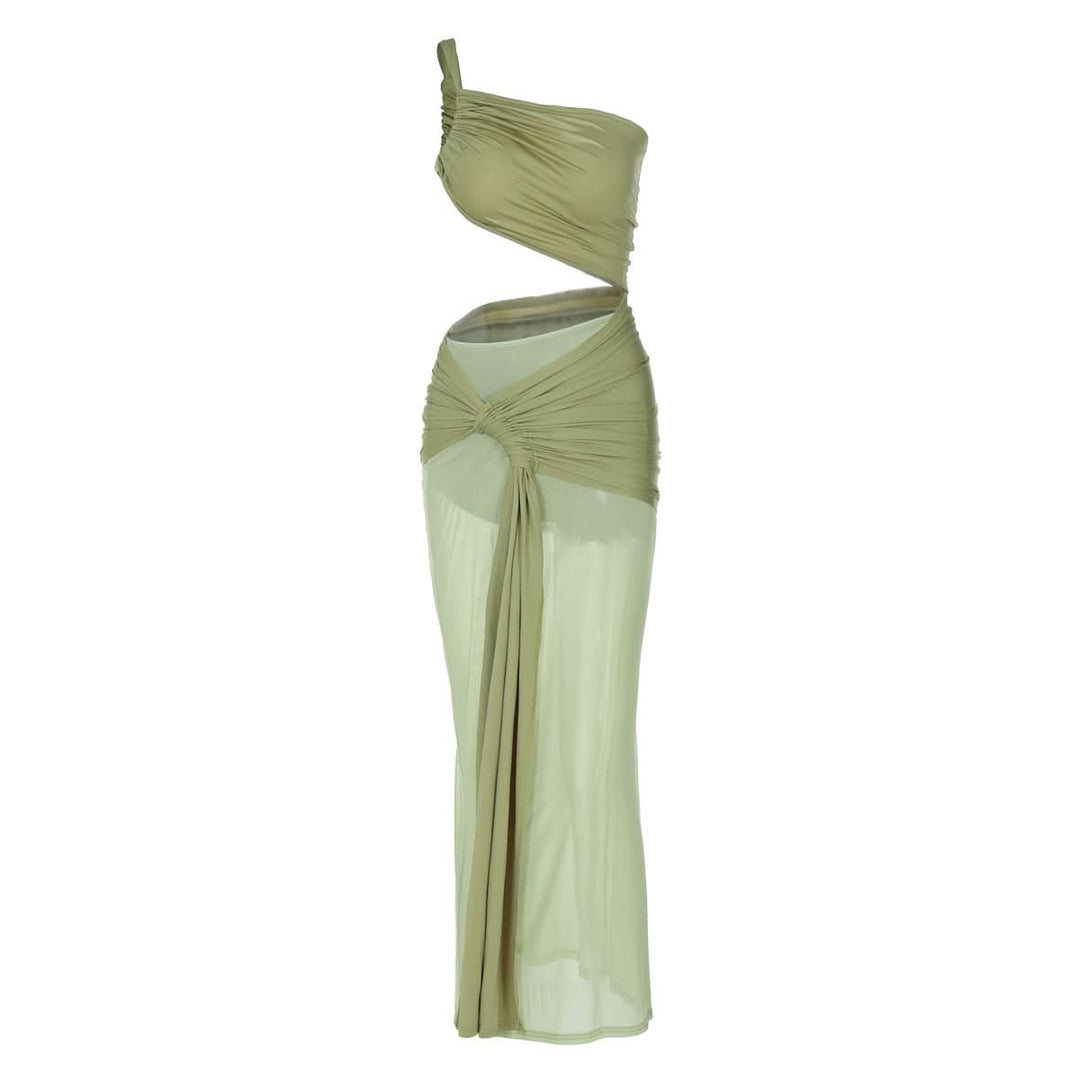 One shoulder ruched hollow out mesh cut out maxi dress  | Festival Outfits Women