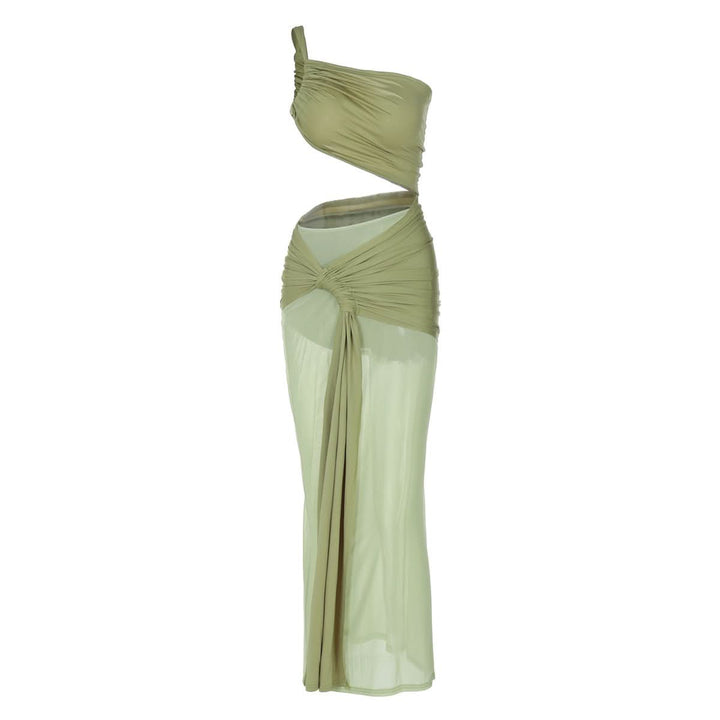 One shoulder ruched hollow out mesh cut out maxi dress  | Festival Outfits Women