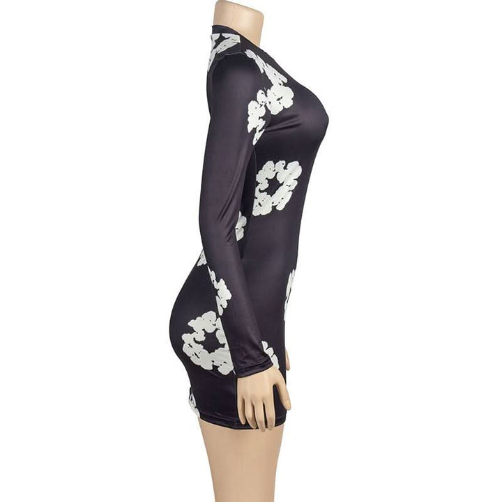 Long sleeve crewneck flower print mini dress  | Festival Outfits Women